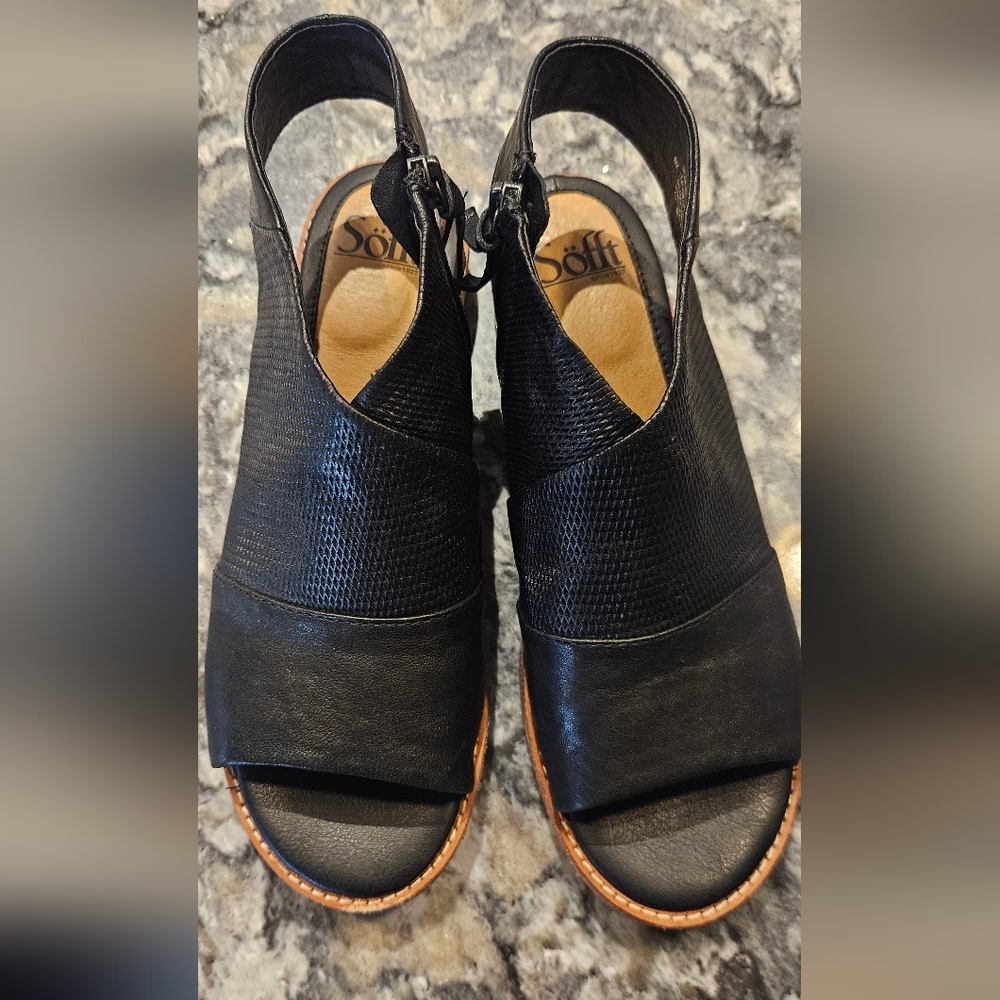 Sofft Black Textured Leather Peep-Toe Mules